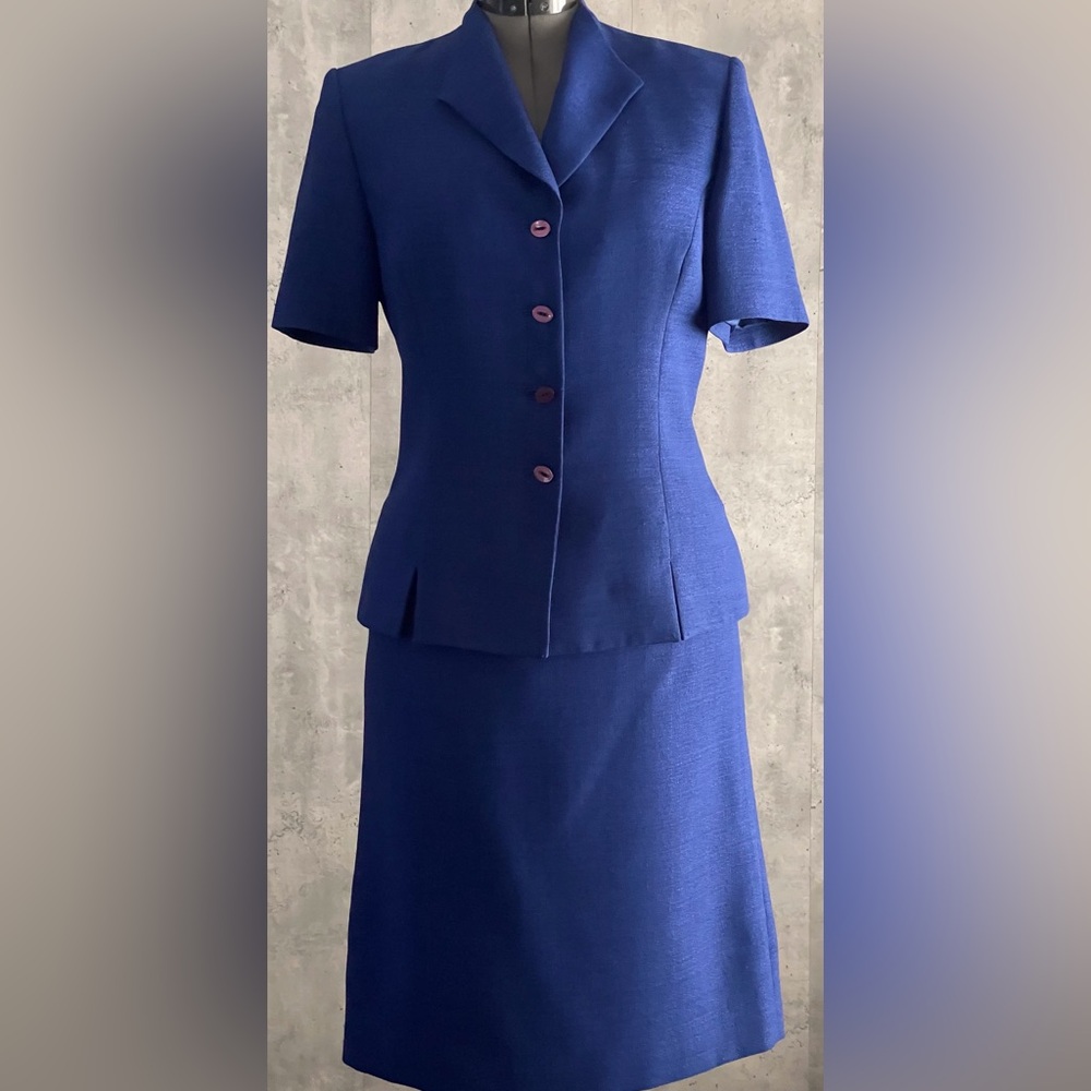 Le SUIT 2pc Bus.Royal Blue Polyester Short Sleeve Jacket Skirt Suit Sz 12